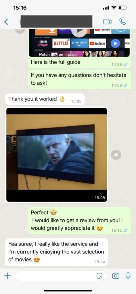 WhatsApp customer satisfaction screenshot with Digiso IPTV support